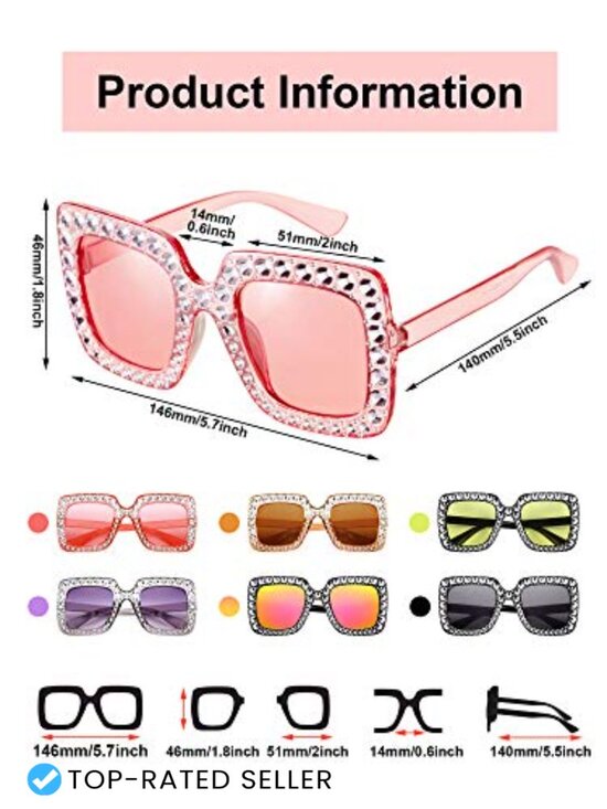 6 Pairs Oversized Square Rhinestone Sunglasses Disco Party Photo Props Retro main image 4